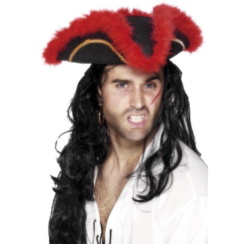 Pirate Tricorn Hat, Red Feather - Jokers Costume Mega Store