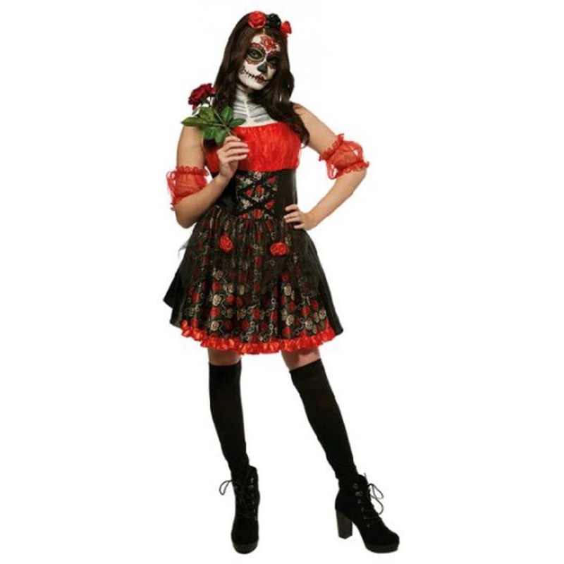 Red Rose Day Of The Dead Costume Size M - Jokers Costume Mega Store