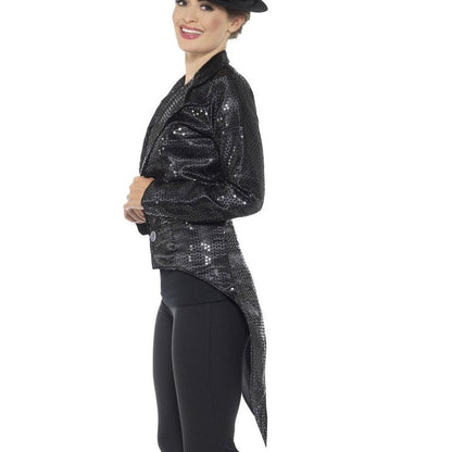 Sequin Tailcoat Jacket, Ladies, Black - Jokers Costume Mega Store