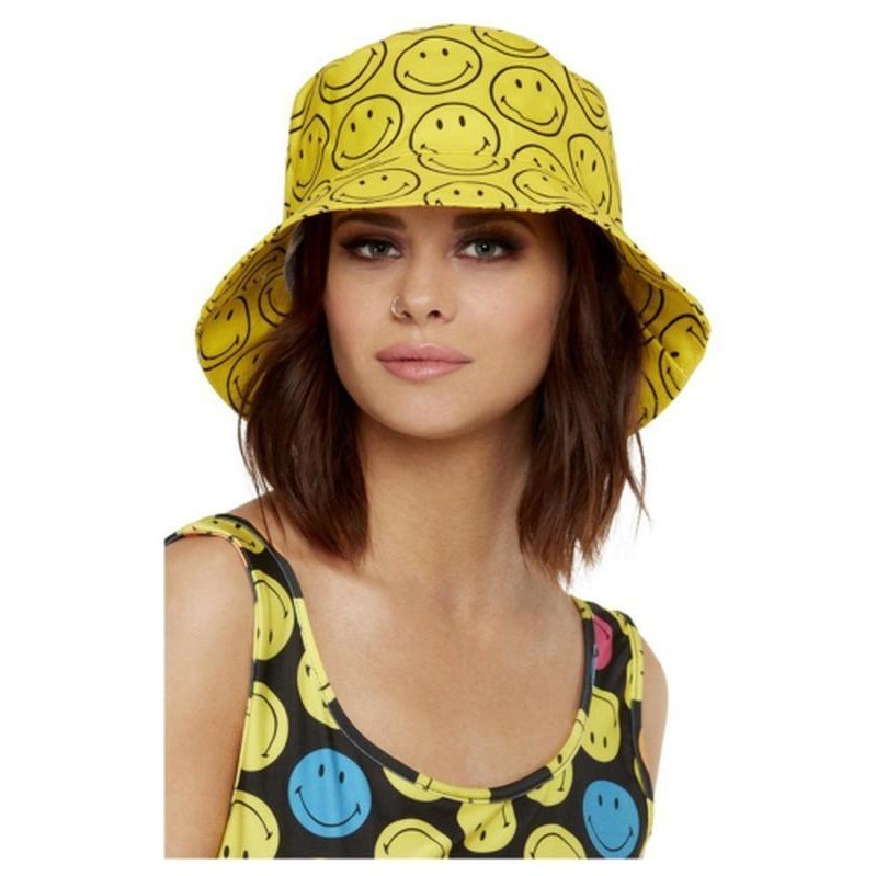 Smiley Printed Bucket Hat, Yellow & Black - Jokers Costume Mega Store
