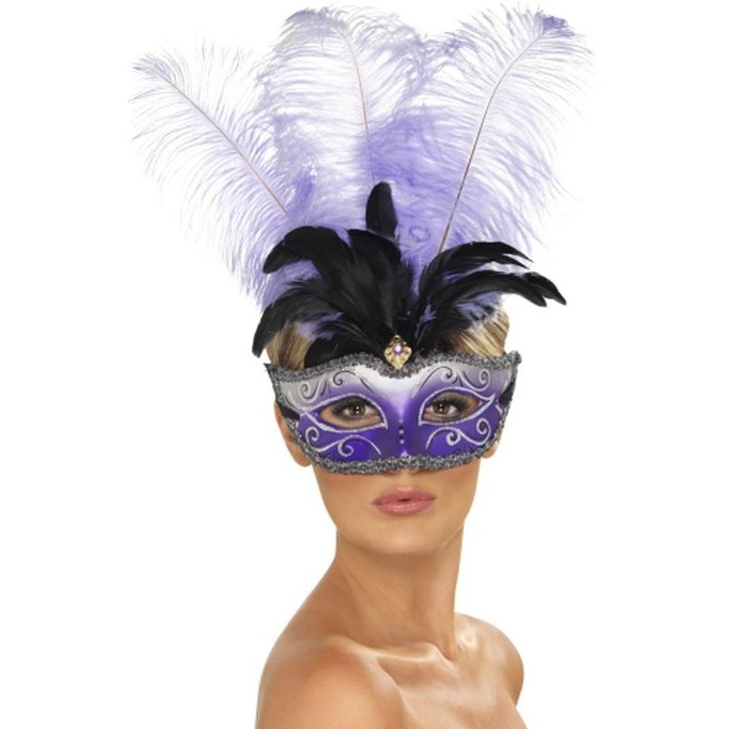 Venetian Colombina Eyemask With Multicolour Plume, - Jokers Costume Mega Store