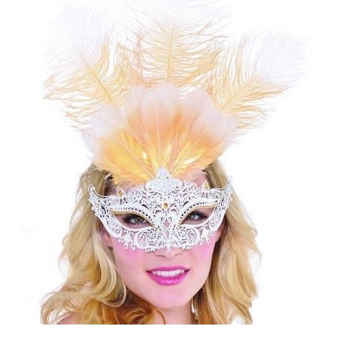White & Gold Filigree Eye Mask With Feathers - Jokers Costume Mega Store