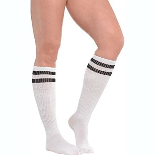 White Knee High Socks with Black Stripes - Jokers Costume Mega Store