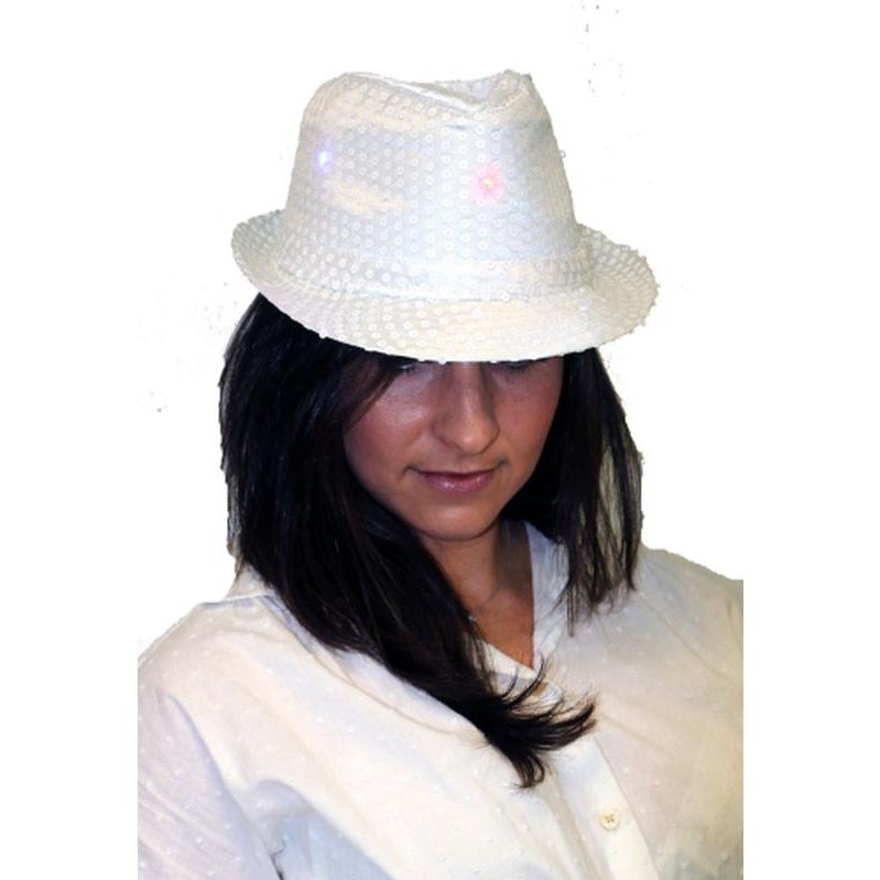 White Sequin Fedora W/Lights - Jokers Costume Mega Store